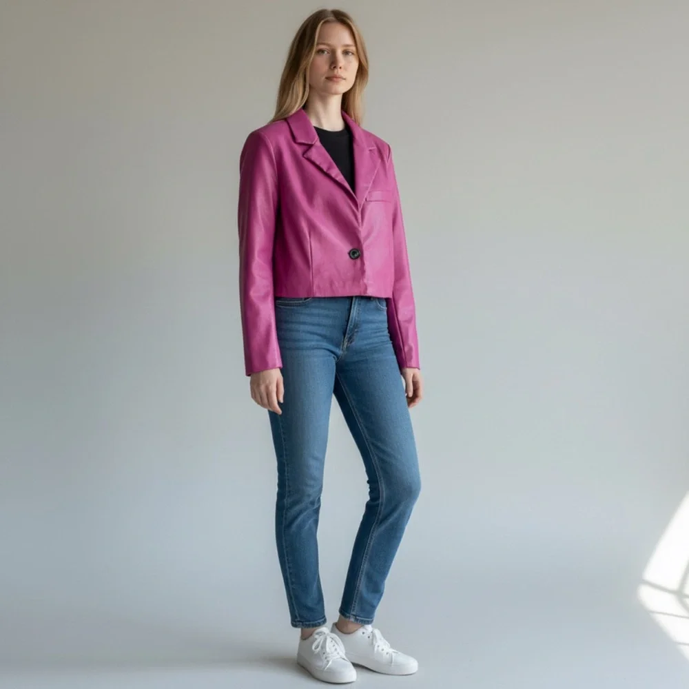 7 for All Mankind Pink Vegan Leather Cropped Moto Jacket